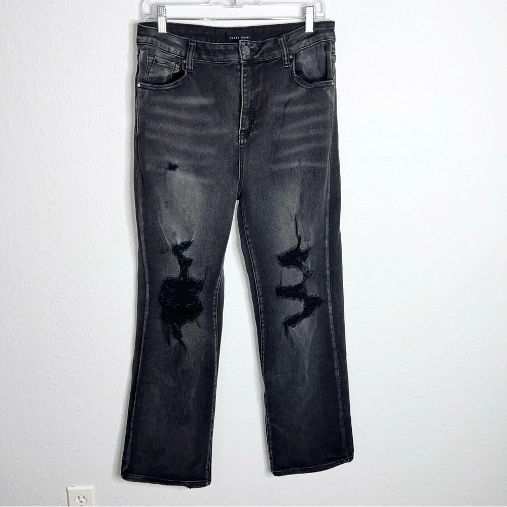 Risen Jeans Women 32 15 Straight Leg High Rise Black Distressed L